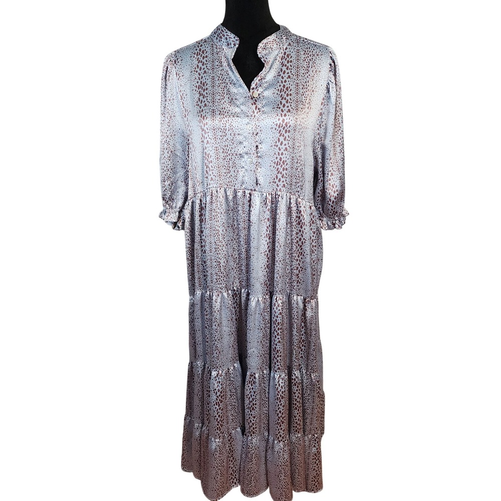 KARLIE Size Small Satin Tiered Ruffle Band Collar Puff Sleeve Prairie Maxi Dress